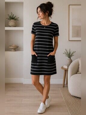 GAP Black Gray Striped T-Shirt Dress S Stretch Knit Pockets Career Casual